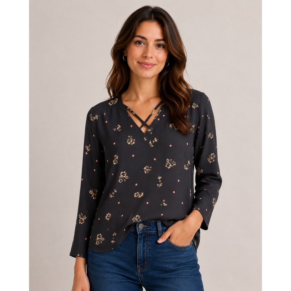 Express Blouse Womens XS Gray Floral Polka Dot Strappy V-Neck Workwear Aesthetic